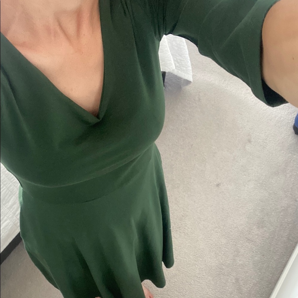 Organic Cotton Green Fit and Flare Dress with Bell Cap Sleeves